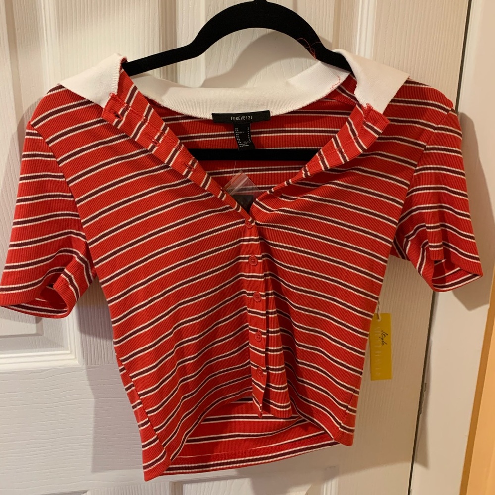 Red and White Striped Collared Cropped Tee